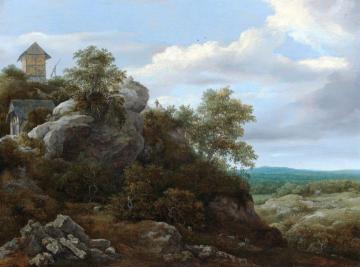 Landscape with Houses on a Rocky Hill with a View of a Plain Beyond Artwork by Jacob van Ruisdael