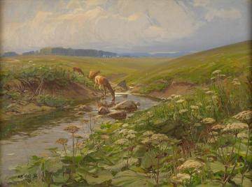 Deer On A Stream Artwork by Albert Holz