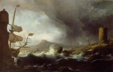 Rough sea at the mountainous coast Artwork by Ludolf Bakhuizen