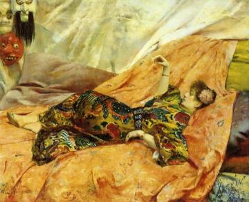 Portrait of Sarah Bernhardt, Reclining in a Chinese Style Interior Artwork by Georges Antoine Rochegrosse
