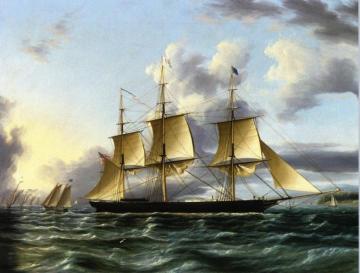 The American Clipper 'Architect' off a Coast with Pilot Boat, a Regatta and other Shipping in the Distance Artwork by James E. Buttersworth