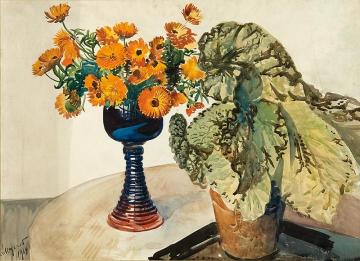 Marigolds and begonias Artwork by Leon Jan Wyczolkowski