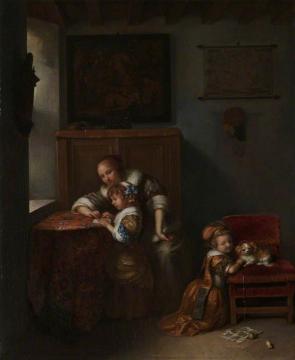 A Lady Teaching A Child To Read, And A Child Playing With A Dog Artwork by Caspar Netscher