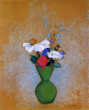 Rose, Peony and Cornflowers in a Green Vase Artwork by Odilon Redon