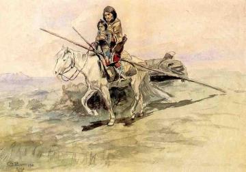Indian on Horseback with a Child Artwork by Charles Marion Russell