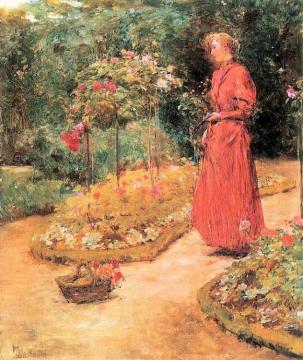 Woman Cutting Roses in a Garden Artwork by Frederick Childe Hassam