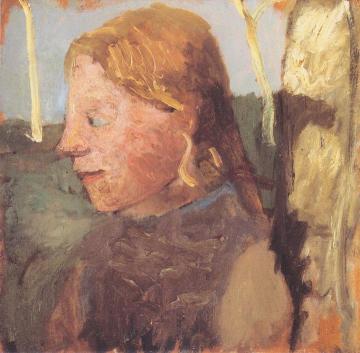 Portrait of a girl in profile next to a birch trunk Artwork by Paula Modersohn-Becker