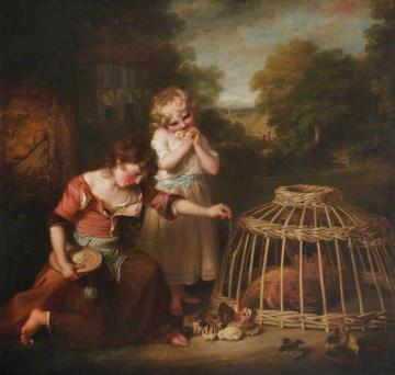 The Two Daughters Of The Artist, Anne And Maria Feeding Chickens In A Landscape Artwork by John Russell