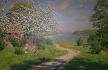 Cottage with flowering fruit trees and lake Artwork by Johan Krouthén