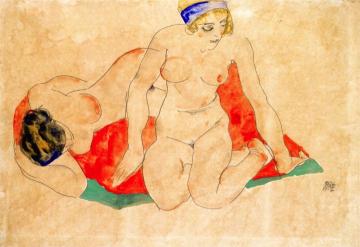 Reclining and Seated Female Nudes on a Red and Green Cloth Artwork by Egon Schiele