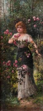 Woman In Rose Garden Artwork by Hans Zatzka