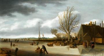 Winter Landscape with a Boy on skates pushing a Sled Artwork by Salomon van Ruysdael
