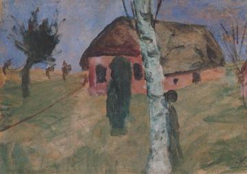 Red House with Birch Tree Artwork by Paula Modersohn-Becker