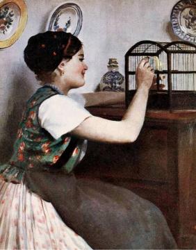 Young Woman with a Bird Artwork by Emil Pap