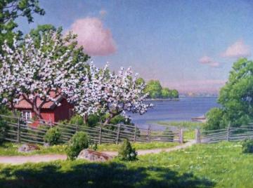 Cottage by the water with fruit trees Artwork by Johan Krouthén