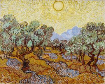 Olive Trees With Yellow Sky And Sun Artwork by Vincent Van Gogh