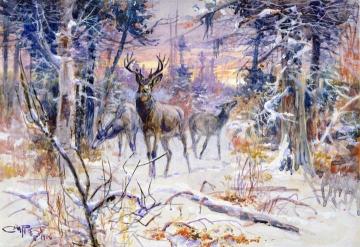 Deer in a Snowy Forest Artwork by Charles Marion Russell
