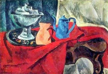 Vessels on the red tablecloth Artwork by Pyotr Konchalovsky