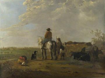 A Horseman with a Cowherd and Two Boys in a Meadow Artwork by Aelbert Cuyp
