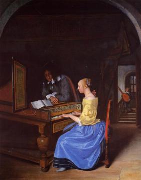 A Young Woman Playing a Harpsichord to a Young Man Artwork by Jan Steen