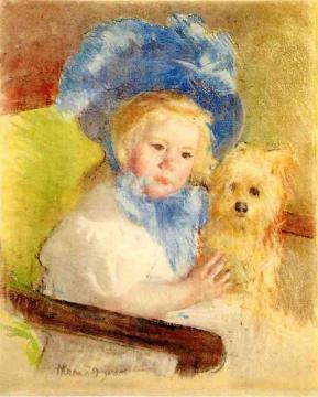 Simone in a Large Plumed Hat, Seated, Holding a Griffon Dog Artwork by Mary Cassatt
