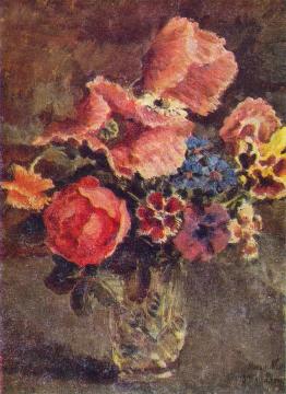 Poppies, roses, cornflowers and other flowers in a glass vase Artwork by Ilya Mashkov