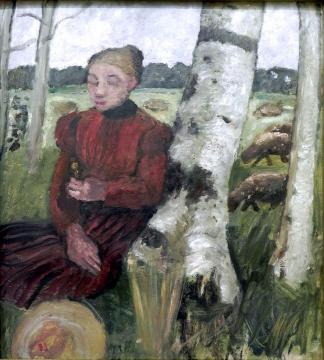 Girl resting on birch trunk Artwork by Paula Modersohn-Becker