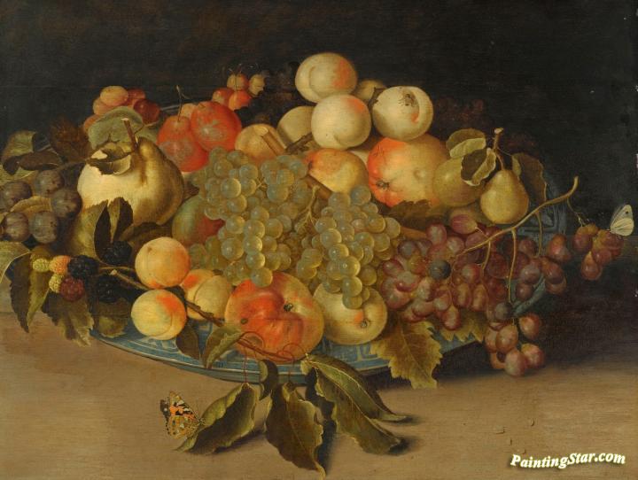 Still Life with Blackberries, Apples, Peaches and Pears in a Blue and Whit Porcelain Bowl Artwork by Johannes Bosschaert