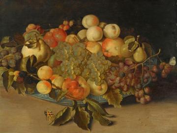Still Life with Blackberries, Apples, Peaches and Pears in a Blue and Whit Porcelain Bowl Artwork by Johannes Bosschaert