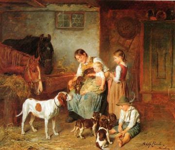 Family in a barn Artwork by Adolf Eberle