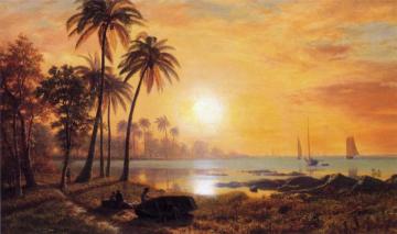 Tropical Landscape with Fishing Boats in Bay Artwork by Albert Bierstadt