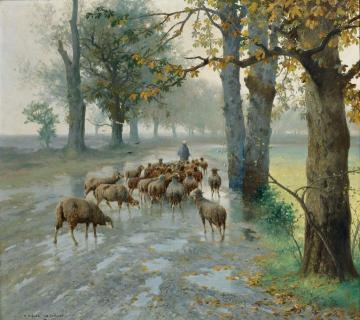 Flock Of Sheep On A Rainy Autumn Day Artwork by Adolf Kaufmann