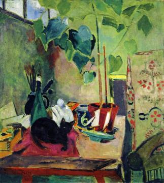 Cat with House Plant Artwork by Oskar Moll