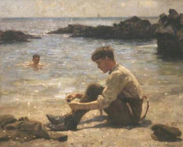 A Cadet On Newporth Beach, Near Falmouth With Another Boy In The Sea Artwork by Henry Scott Tuke