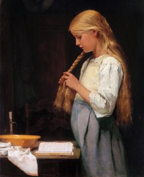 Girl Braiding Her Hair Artwork by Albert Anker