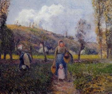 Peasant Woman and Child Harvesting the Fields, Pontoise Artwork by Camille Pissarro