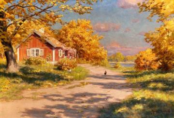 House In Autumn Landscape Artwork by Johan Krouthén