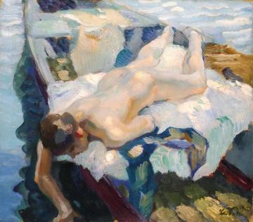 Female Nude On A Boat Artwork by Leo Putz
