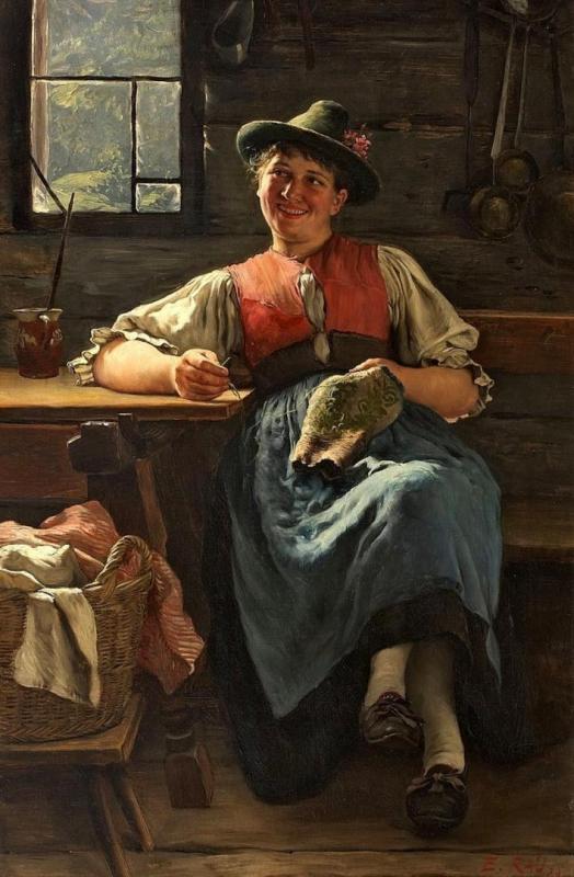Young Woman Sewing, 1889 Artwork by Emil Rau