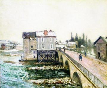 The Bridge and Mills of Moret, Winter's Effect Artwork by Alfred Sisley