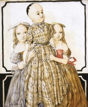 Two Girls with a Doll Artwork by Tsuguharu Foujita