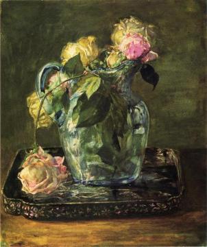 Roses in Blue Crackle Glass Pitcher Artwork by John La Farge