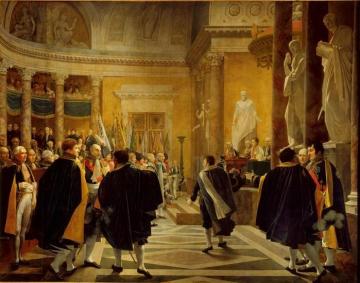 French Senate Receives The Flags Taken In Austria, 1 January 1806 Artwork by Jean Baptiste Regnault