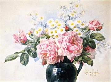 Pink Roses and Field Flowers Artwork by Raoul de Longpre
