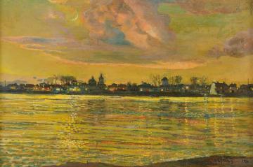 View Of A Town Across A River At Night Artwork by Isaak Brodsky