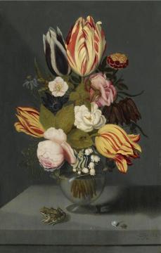 Still Life with Variegated Tulips, Pink and White Roses, etc. in a Globose Vase Artwork by Ambrosius Bosschaert