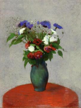 Vase of Flowers on a Red Tablecloth Artwork by Odilon Redon