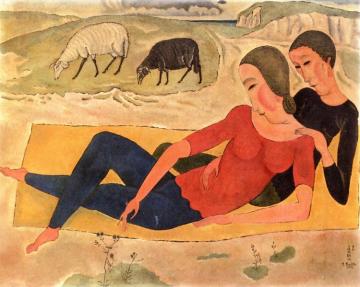 Young Couple below the Cliffs Artwork by Tsuguharu Foujita