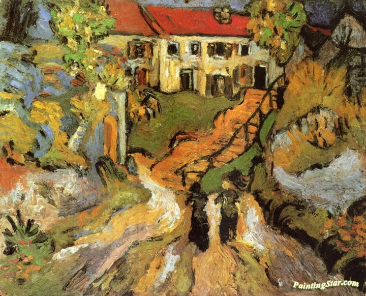 Village Street and Steps in Auvers with Two Figures Artwork by Vincent Van Gogh
