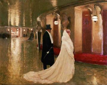 An elegant couple entering a box at the Paris Opera. Artwork by Jean Georges Beraud